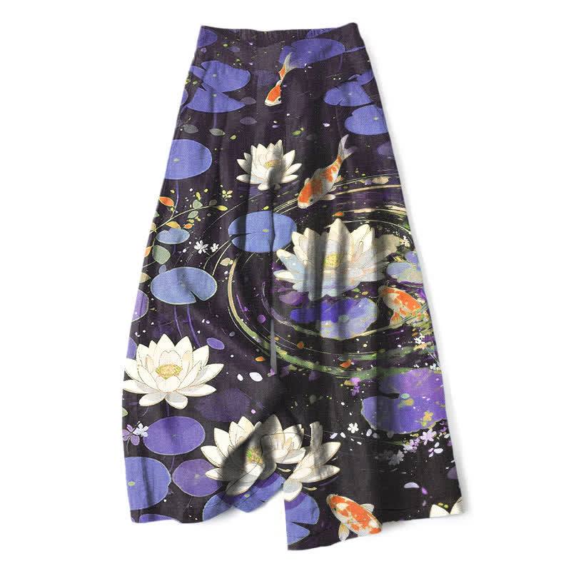 Nimara Ritual Cotton Linen Lotus Koi Fish Pattern Women's Elastic Waist Wide Leg Pants With Pockets