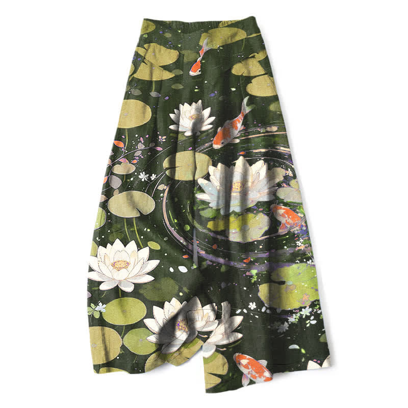 Nimara Ritual Cotton Linen Lotus Koi Fish Pattern Women's Elastic Waist Wide Leg Pants With Pockets