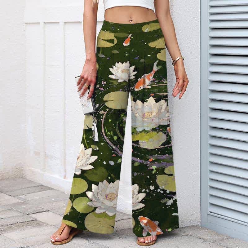Nimara Ritual Cotton Linen Lotus Koi Fish Pattern Women's Elastic Waist Wide Leg Pants With Pockets