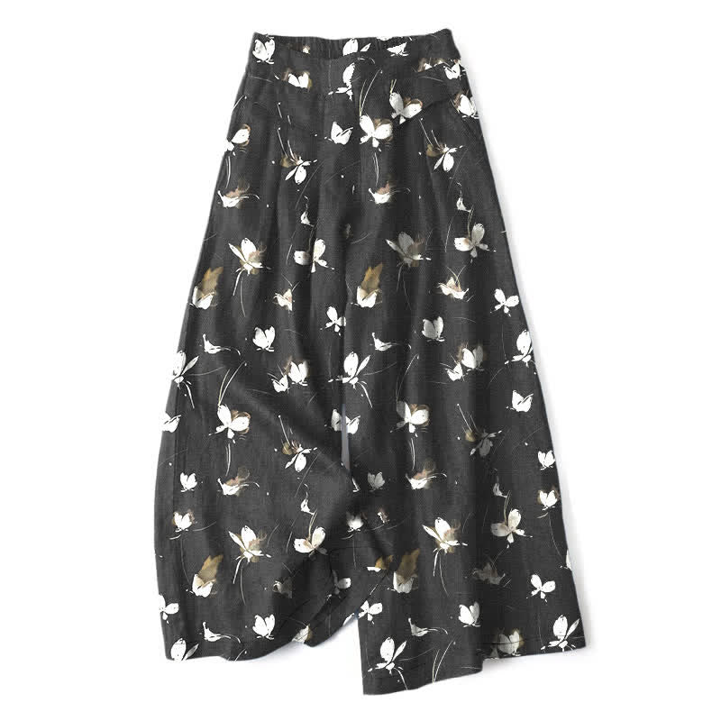 Nimara Ritual Cotton Linen Vintage Floral White Butterfly Pattern Women's Elastic Waist Wide Leg Pants With Pockets