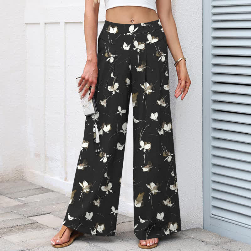 Nimara Ritual Cotton Linen Vintage Floral White Butterfly Pattern Women's Elastic Waist Wide Leg Pants With Pockets