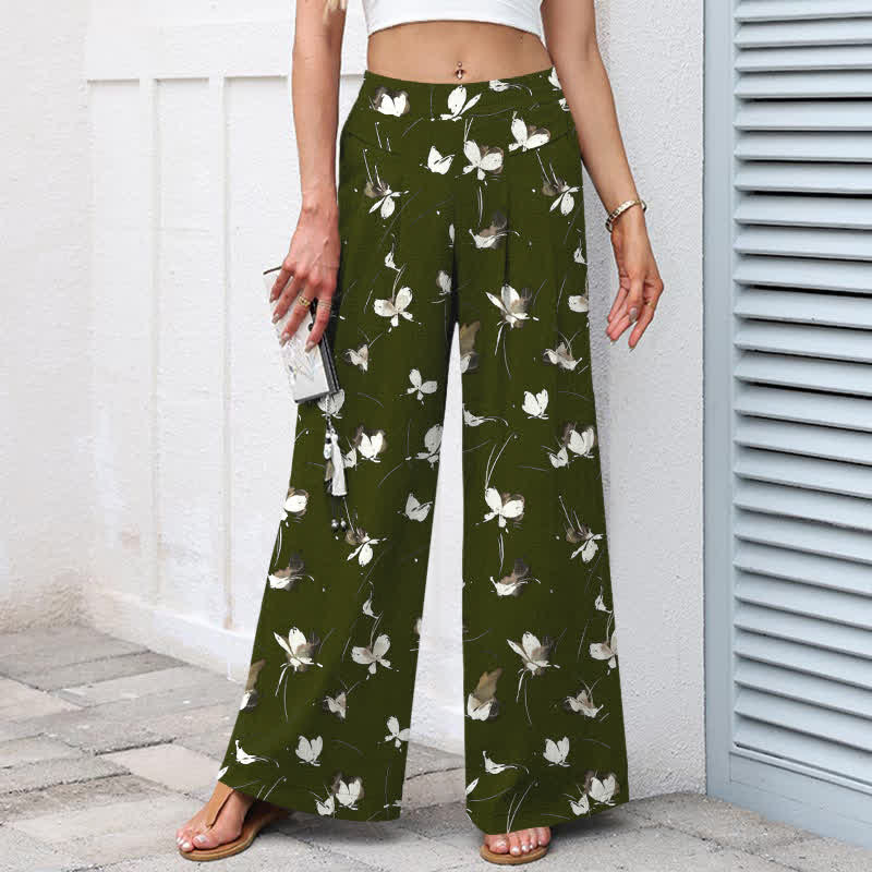 Nimara Ritual Cotton Linen Vintage Floral White Butterfly Pattern Women's Elastic Waist Wide Leg Pants With Pockets