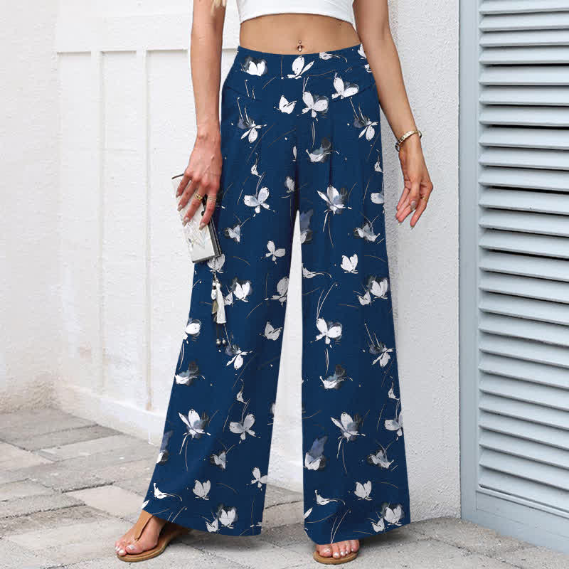 Nimara Ritual Cotton Linen Vintage Floral White Butterfly Pattern Women's Elastic Waist Wide Leg Pants With Pockets