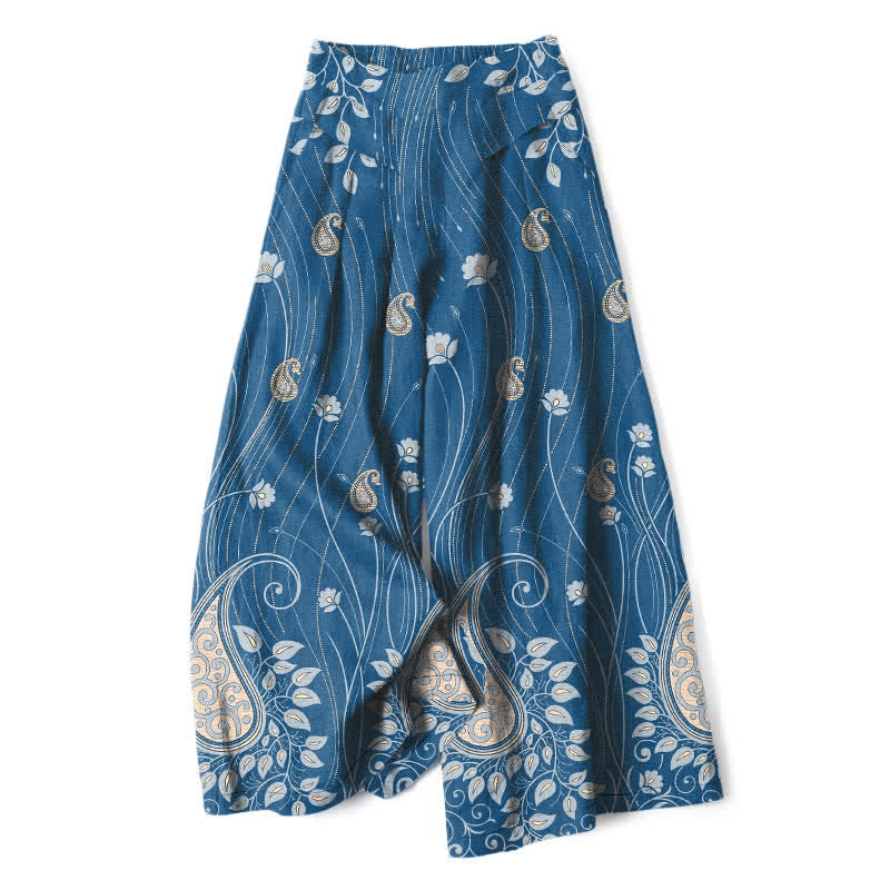 Nimara Ritual Cotton Linen Paisley Floral Lines Pattern Women's Elastic Waist Wide Leg Pants With Pockets