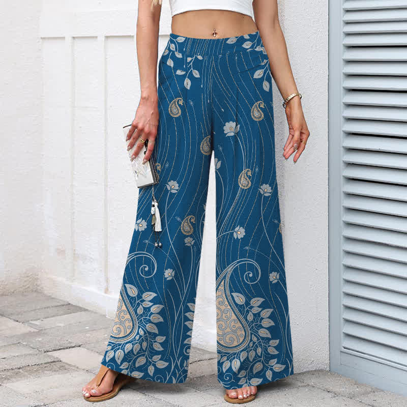 Nimara Ritual Cotton Linen Paisley Floral Lines Pattern Women's Elastic Waist Wide Leg Pants With Pockets