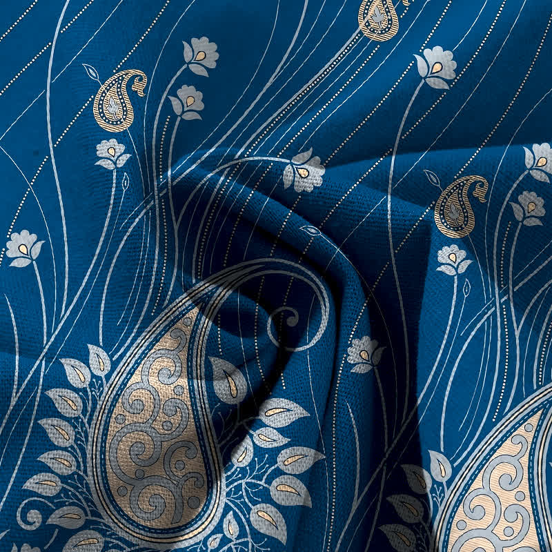 Nimara Ritual Cotton Linen Paisley Floral Lines Pattern Women's Elastic Waist Wide Leg Pants With Pockets