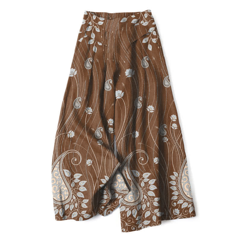 Nimara Ritual Cotton Linen Paisley Floral Lines Pattern Women's Elastic Waist Wide Leg Pants With Pockets