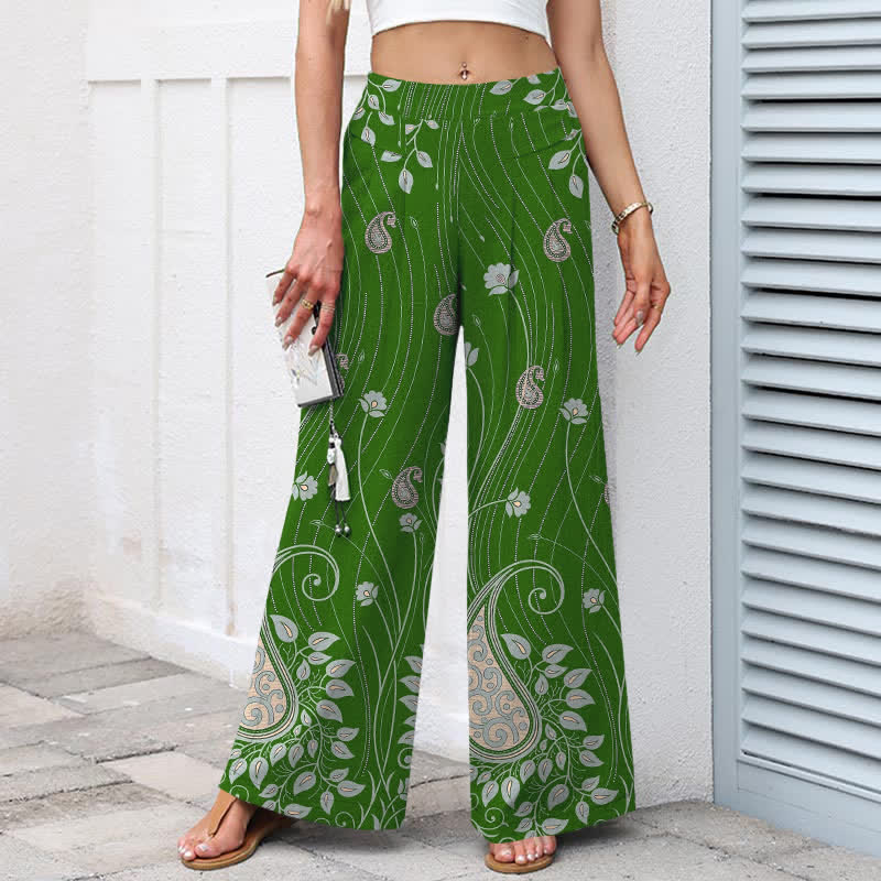 Nimara Ritual Cotton Linen Paisley Floral Lines Pattern Women's Elastic Waist Wide Leg Pants With Pockets