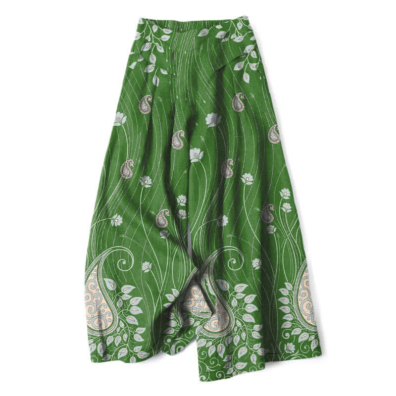 Nimara Ritual Cotton Linen Paisley Floral Lines Pattern Women's Elastic Waist Wide Leg Pants With Pockets