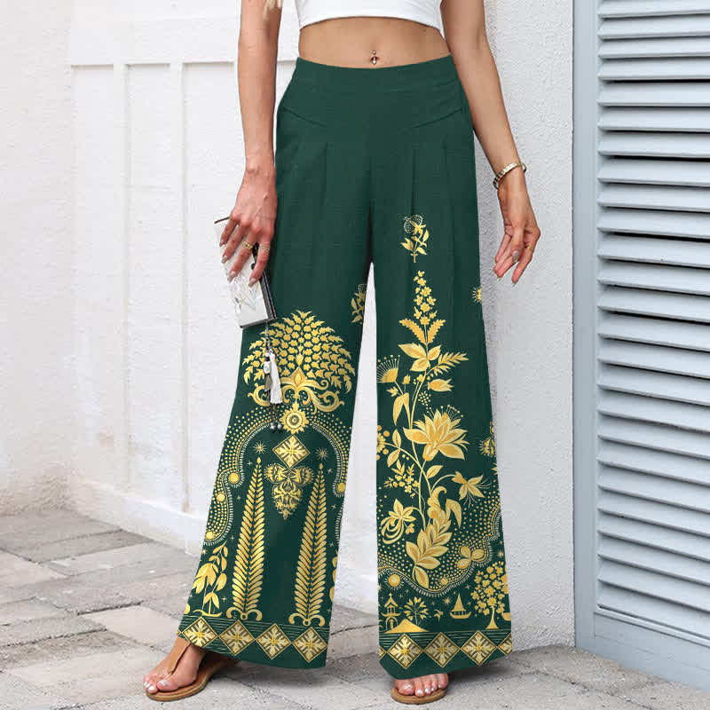 Nimara Ritual Cotton Linen Bohemian Golden Floral Pattern Women's Elastic Waist Wide Leg Pants With Pockets
