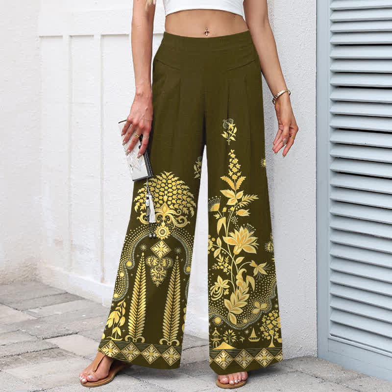 Nimara Ritual Cotton Linen Bohemian Golden Floral Pattern Women's Elastic Waist Wide Leg Pants With Pockets