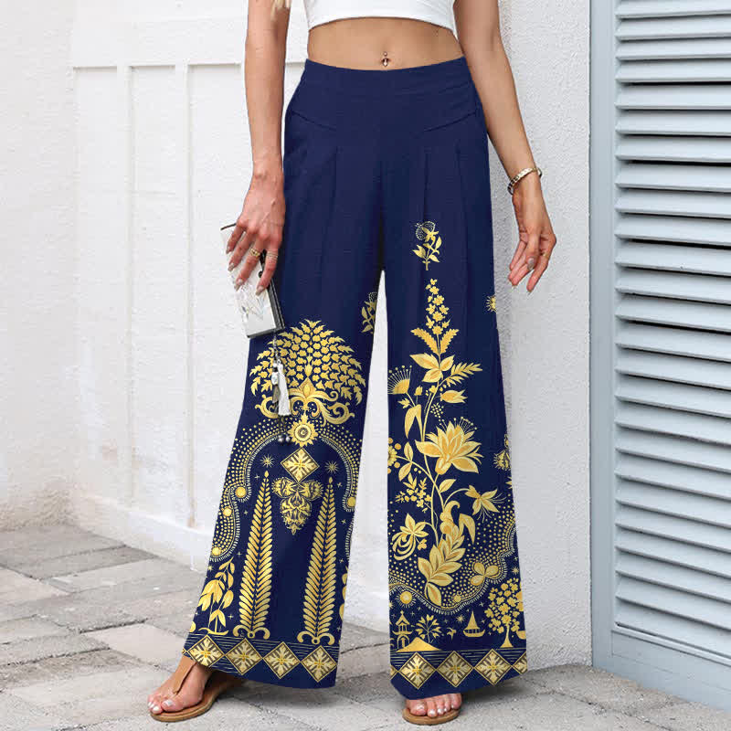 Nimara Ritual Cotton Linen Bohemian Golden Floral Pattern Women's Elastic Waist Wide Leg Pants With Pockets