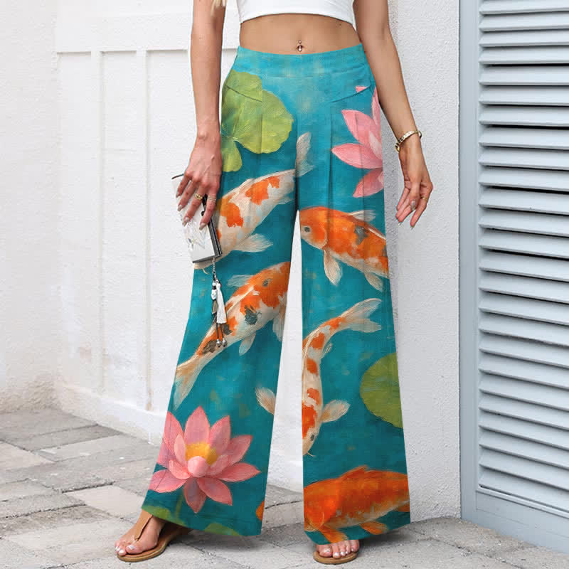 Nimara Ritual Cotton Linen Red White Koi Fish Pink Lotus Pattern Women's Elastic Waist Wide Leg Pants With Pockets
