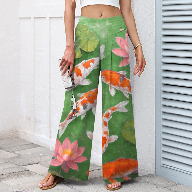 Nimara Ritual Cotton Linen Red White Koi Fish Pink Lotus Pattern Women's Elastic Waist Wide Leg Pants With Pockets