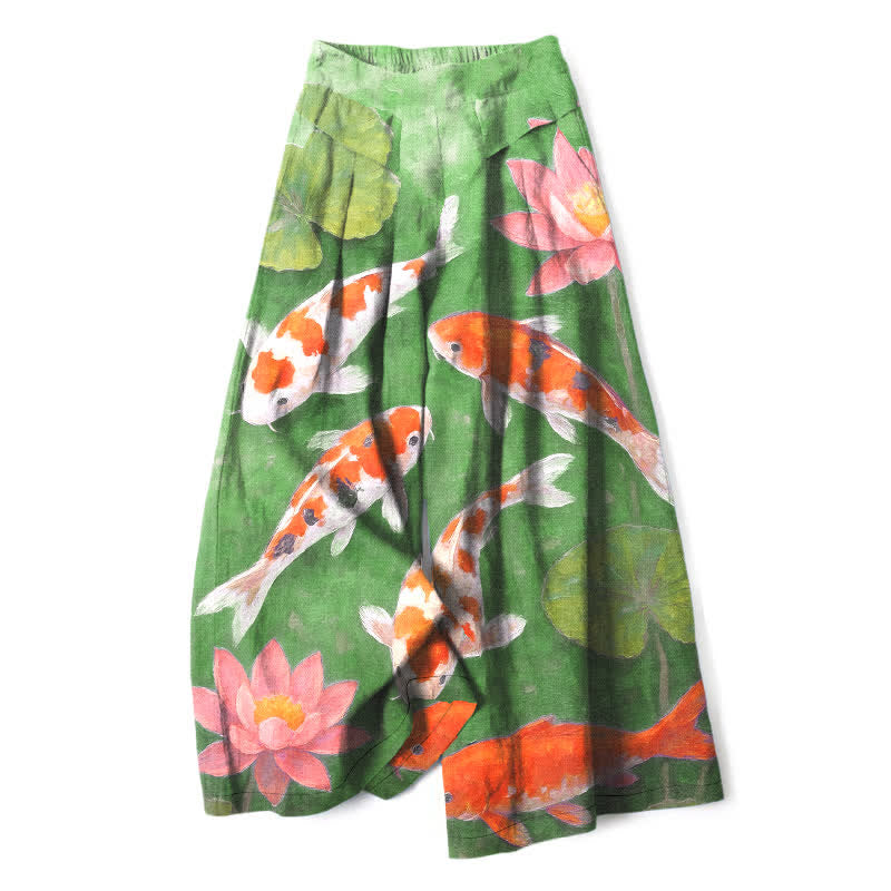 Nimara Ritual Cotton Linen Red White Koi Fish Pink Lotus Pattern Women's Elastic Waist Wide Leg Pants With Pockets