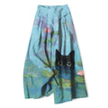 Nimara Ritual Cotton Linen Playful Black Cat Lotus Pond Pattern Women's Elastic Waist Wide Leg Pants With Pockets