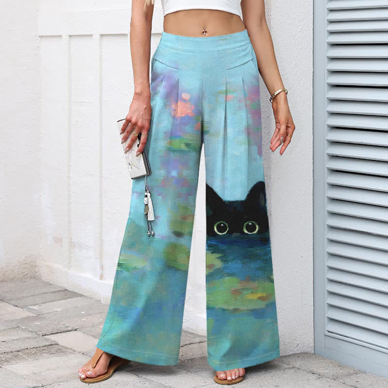 Nimara Ritual Cotton Linen Playful Black Cat Lotus Pond Pattern Women's Elastic Waist Wide Leg Pants With Pockets
