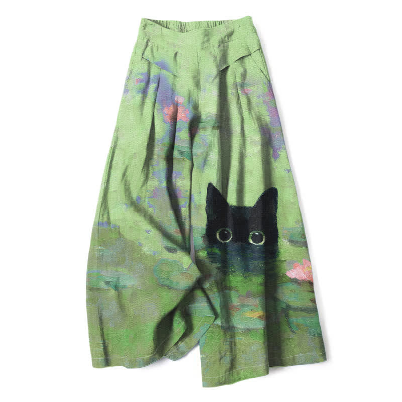 Nimara Ritual Cotton Linen Playful Black Cat Lotus Pond Pattern Women's Elastic Waist Wide Leg Pants With Pockets