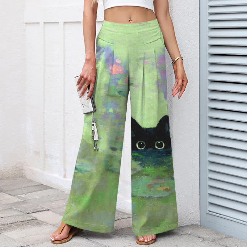 Nimara Ritual Cotton Linen Playful Black Cat Lotus Pond Pattern Women's Elastic Waist Wide Leg Pants With Pockets