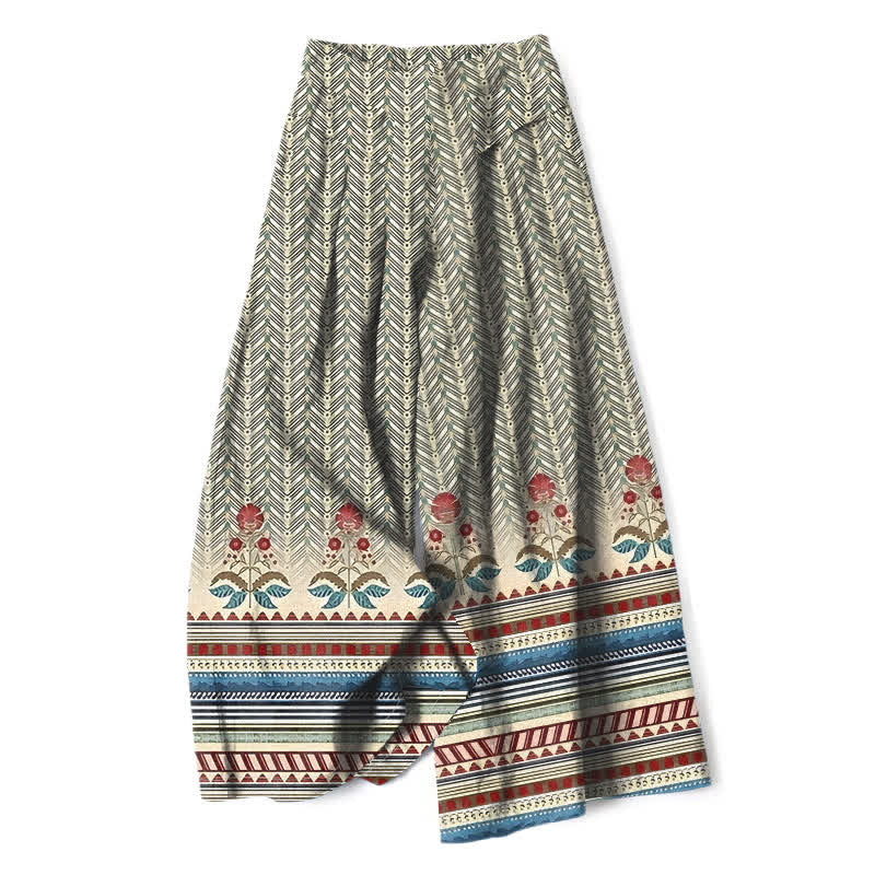 Nimara Ritual Cotton Linen Bohemian Geometric Zigzag Pattern Women's Elastic Waist Wide Leg Pants With Pockets