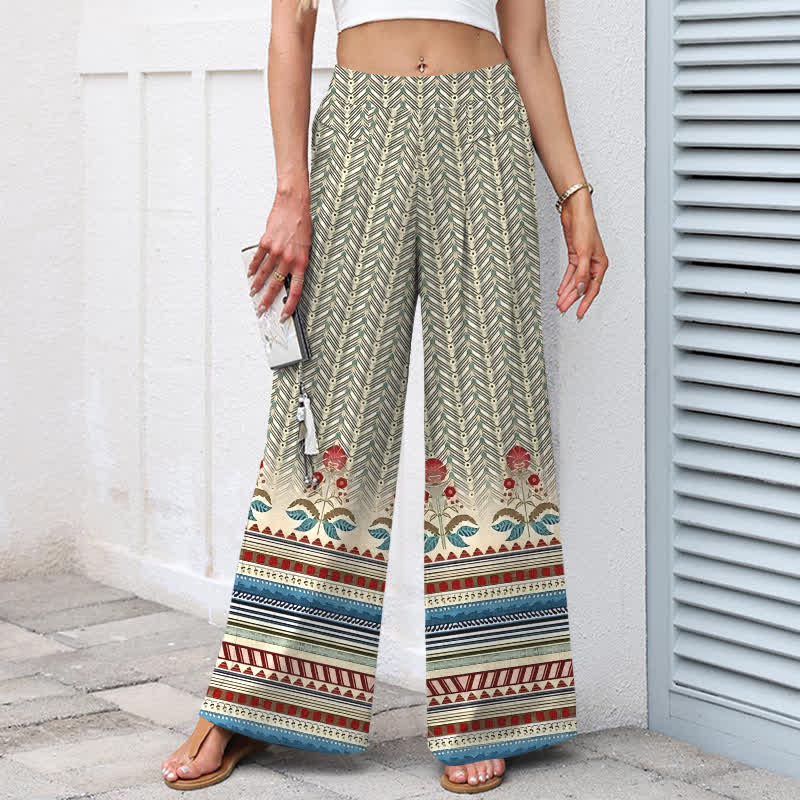 Nimara Ritual Cotton Linen Bohemian Geometric Zigzag Pattern Women's Elastic Waist Wide Leg Pants With Pockets