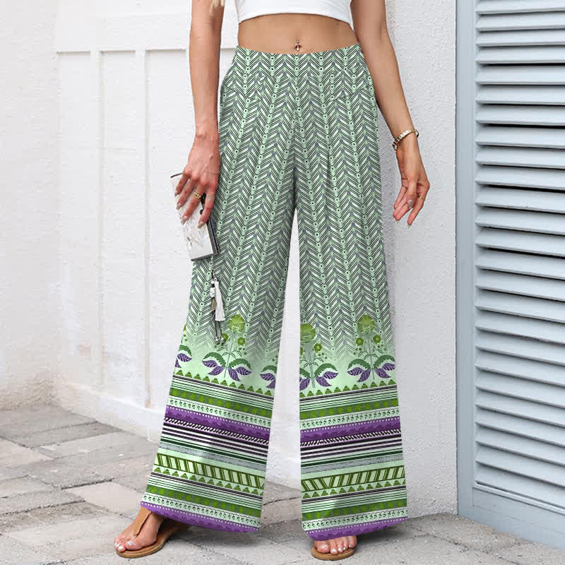 Nimara Ritual Cotton Linen Bohemian Geometric Zigzag Pattern Women's Elastic Waist Wide Leg Pants With Pockets