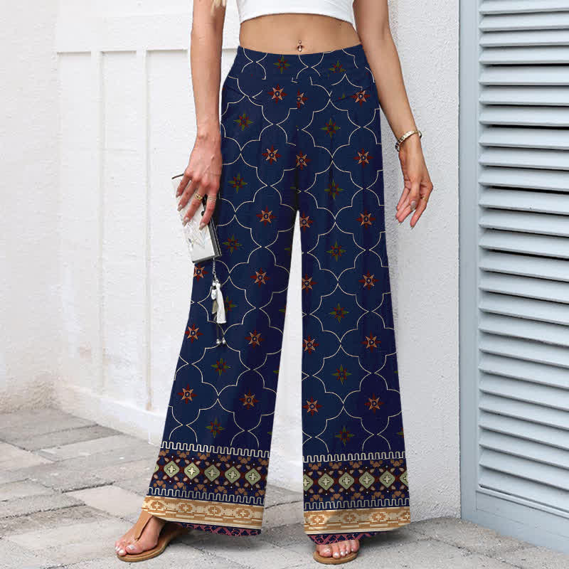 Nimara Ritual Cotton Linen Bohemian Geometric Floral Lines Pattern Women's Elastic Waist Wide Leg Pants With Pockets