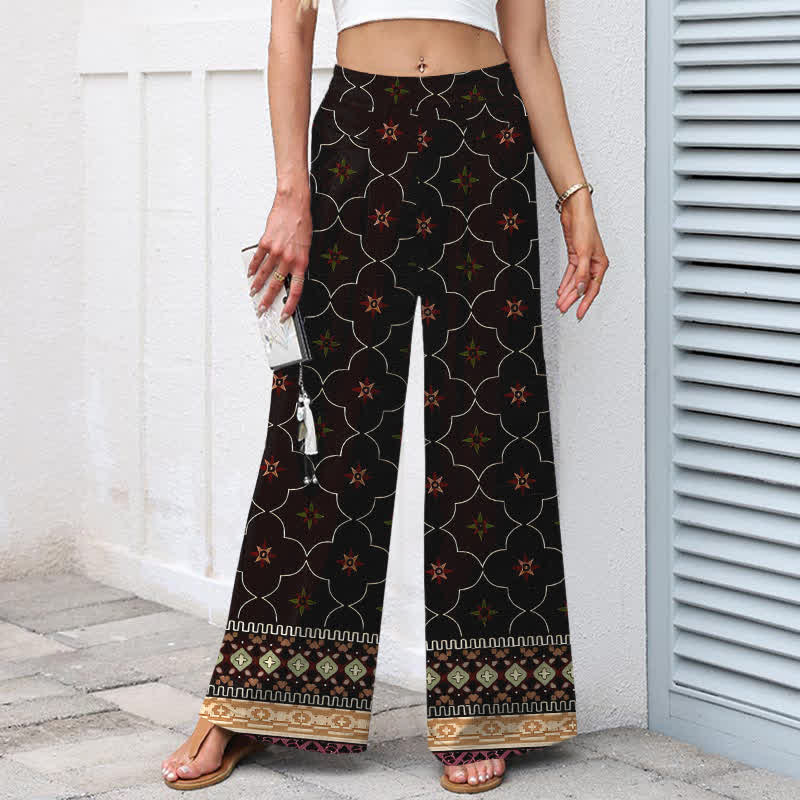 Nimara Ritual Cotton Linen Bohemian Geometric Floral Lines Pattern Women's Elastic Waist Wide Leg Pants With Pockets