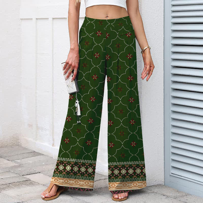 Nimara Ritual Cotton Linen Bohemian Geometric Floral Lines Pattern Women's Elastic Waist Wide Leg Pants With Pockets