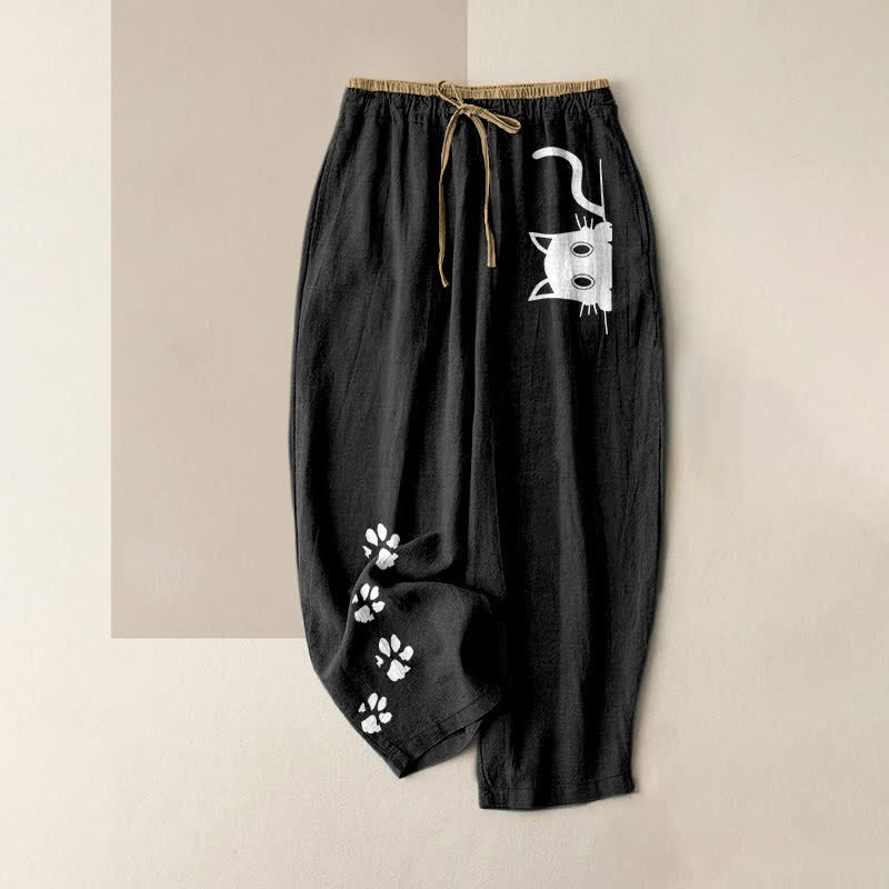 Nimara Ritual Pure Cotton Cute Cat Paw Print Pattern Women's Elastic Waist Pants With Pockets
