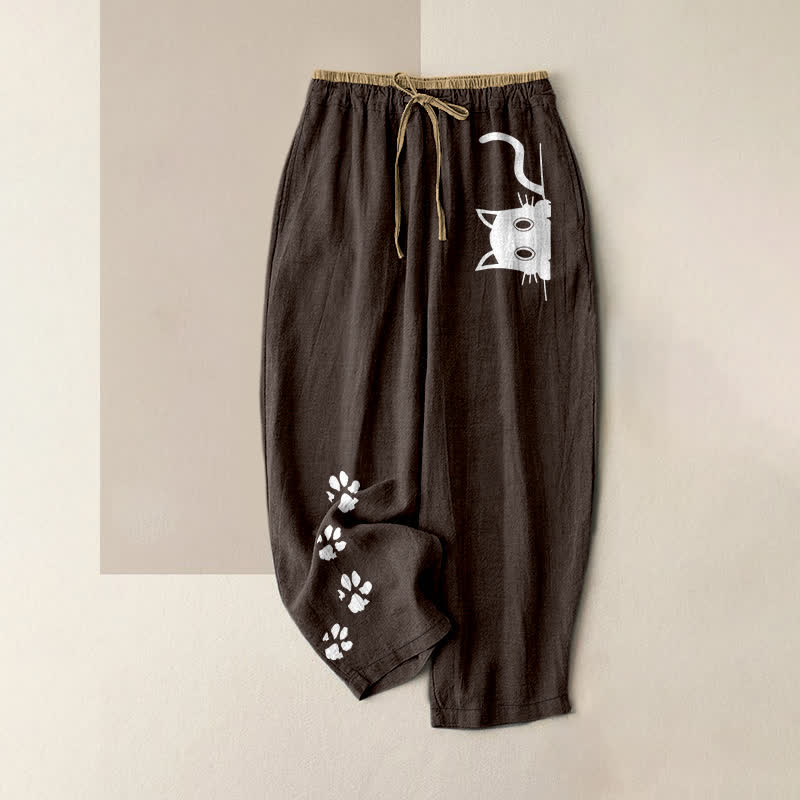 Nimara Ritual Pure Cotton Cute Cat Paw Print Pattern Women's Elastic Waist Pants With Pockets