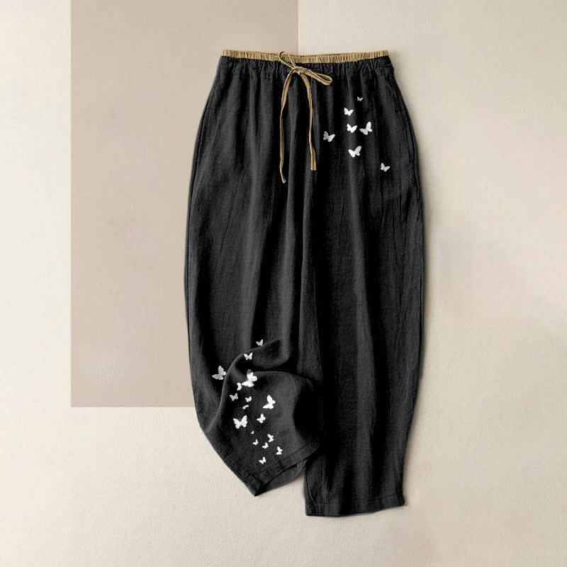 Nimara Ritual Pure Cotton White Butterfly Pattern Women's Elastic Waist Pants With Pockets