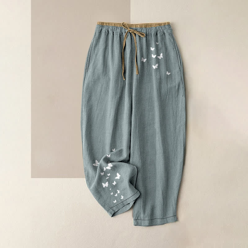 Nimara Ritual Pure Cotton White Butterfly Pattern Women's Elastic Waist Pants With Pockets