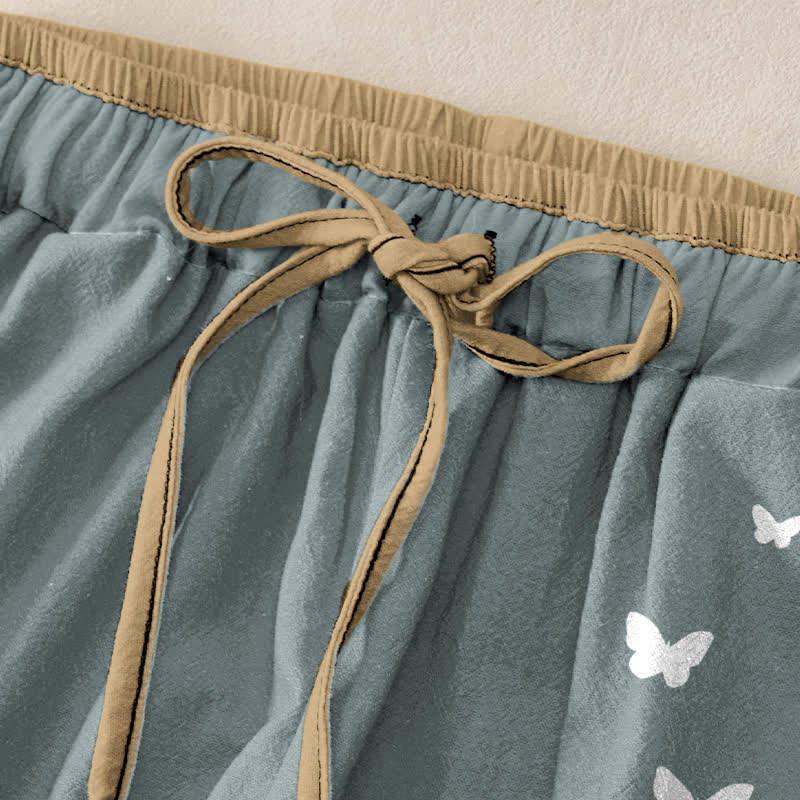 Nimara Ritual Pure Cotton White Butterfly Pattern Women's Elastic Waist Pants With Pockets