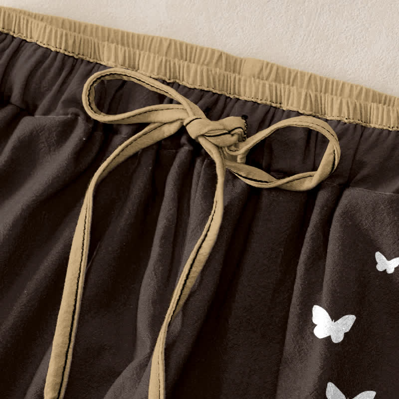 Nimara Ritual Pure Cotton White Butterfly Pattern Women's Elastic Waist Pants With Pockets