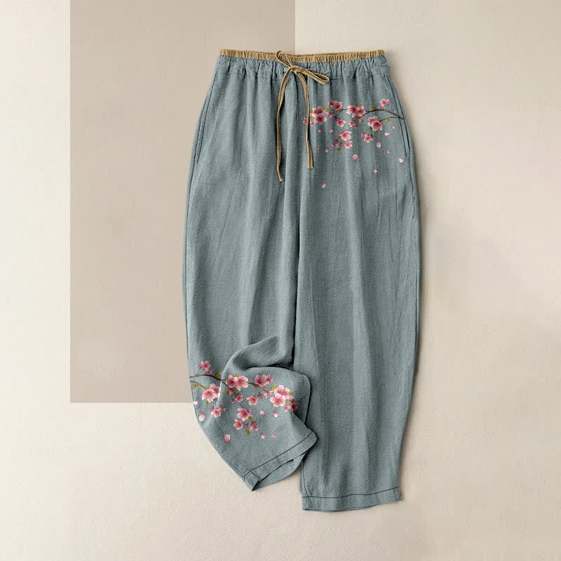Nimara Ritual Pure Cotton Pink Blossom Pattern Women's Elastic Waist Pants With Pockets