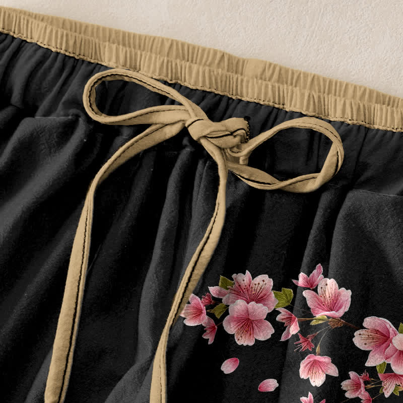 Nimara Ritual Pure Cotton Pink Blossom Pattern Women's Elastic Waist Pants With Pockets
