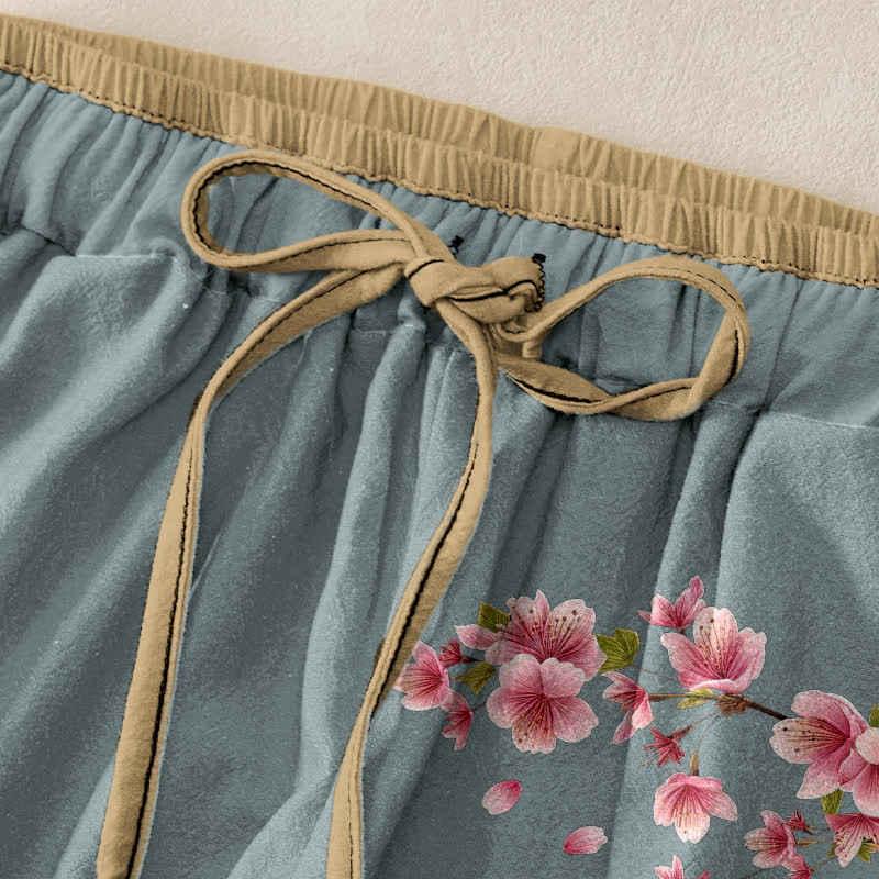Nimara Ritual Pure Cotton Pink Blossom Pattern Women's Elastic Waist Pants With Pockets