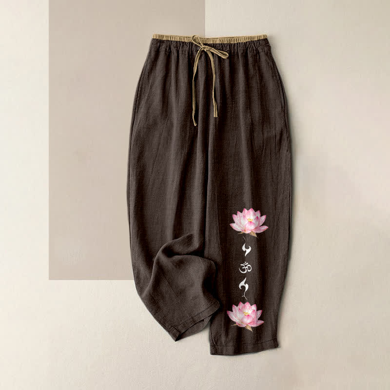 Nimara Ritual Pure Cotton Pink Lotus OM Zen Pattern Women's Elastic Waist Pants With Pockets