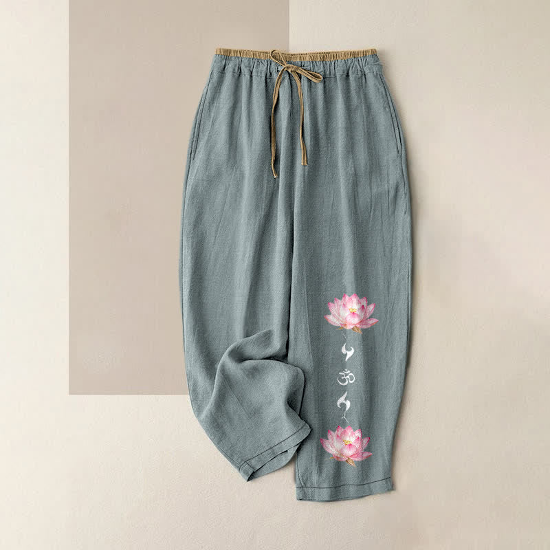 Nimara Ritual Pure Cotton Pink Lotus OM Zen Pattern Women's Elastic Waist Pants With Pockets