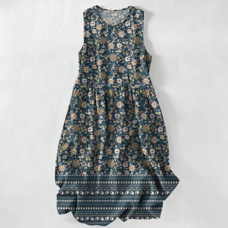 Nimara Ritual Summer Casual Vintage Floral Leaves Stripe Pattern Women's Summer Sleeveless Midi Dress With Pockets
