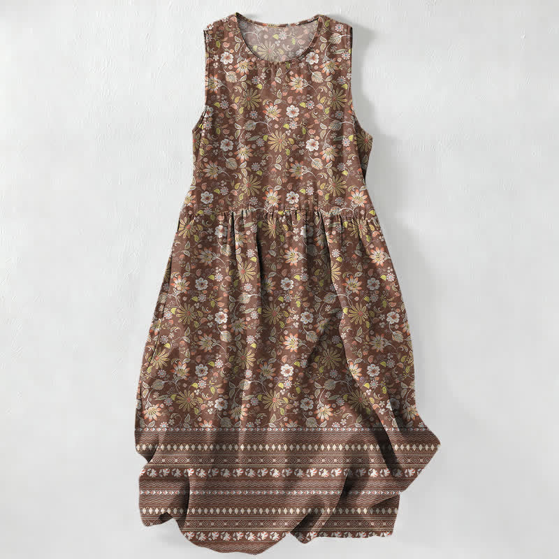 Nimara Ritual Summer Casual Vintage Floral Leaves Stripe Pattern Women's Summer Sleeveless Midi Dress With Pockets