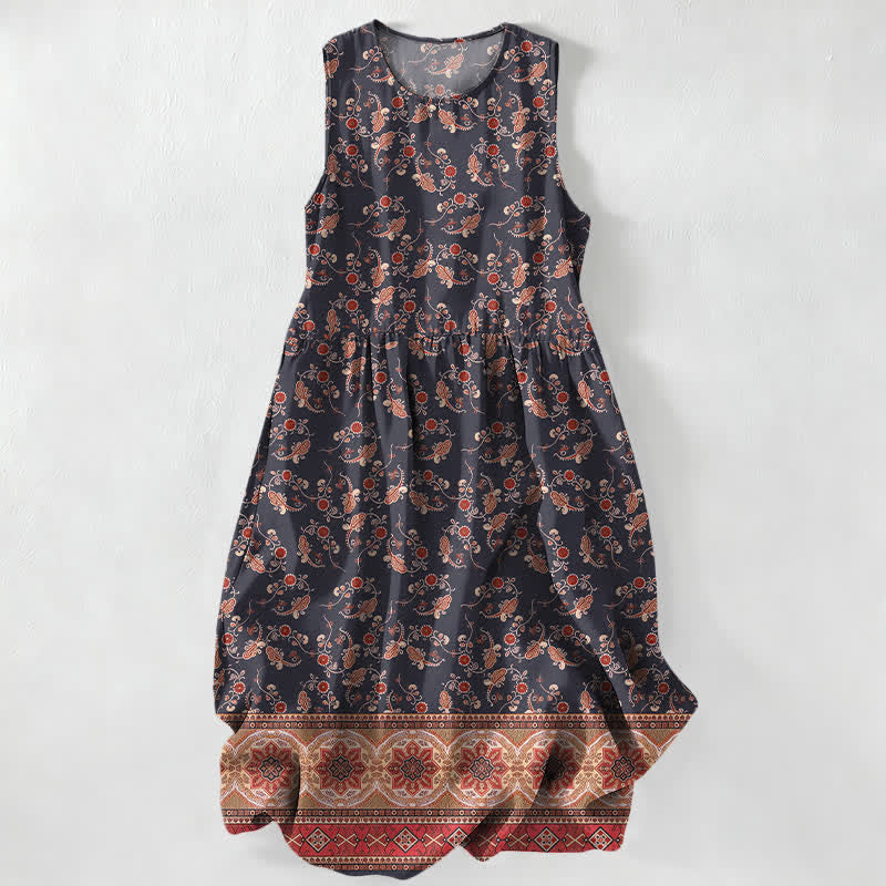 Nimara Ritual Summer Casual Vintage Floral Border Pattern Women's Summer Sleeveless Midi Dress With Pockets