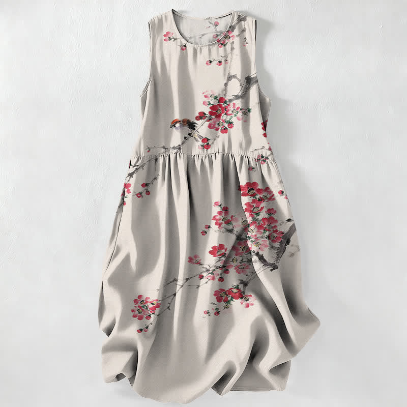 Nimara Ritual Summer Casual Pink Blossom Branches Pattern Women's Summer Sleeveless Midi Dress With Pockets