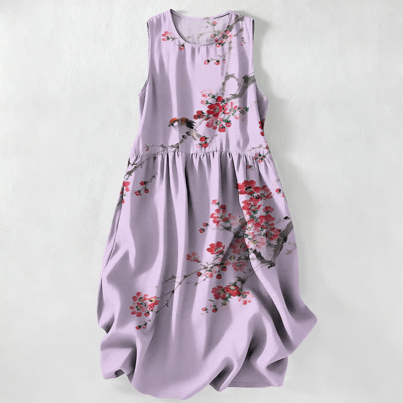 Nimara Ritual Summer Casual Pink Blossom Branches Pattern Women's Summer Sleeveless Midi Dress With Pockets