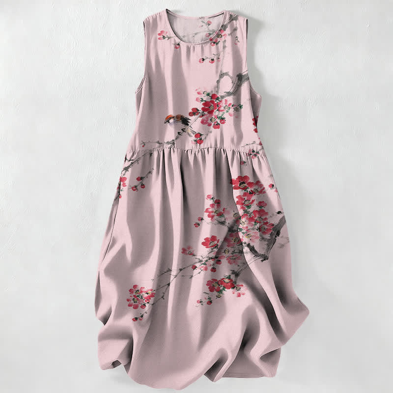 Nimara Ritual Summer Casual Pink Blossom Branches Pattern Women's Summer Sleeveless Midi Dress With Pockets