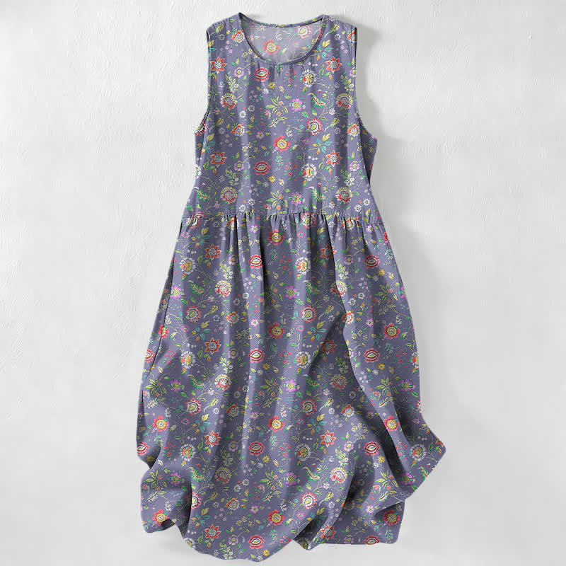 Nimara Ritual Summer Casual Vintage Wildflower Leaves Pattern Women's Summer Sleeveless Midi Dress With Pockets