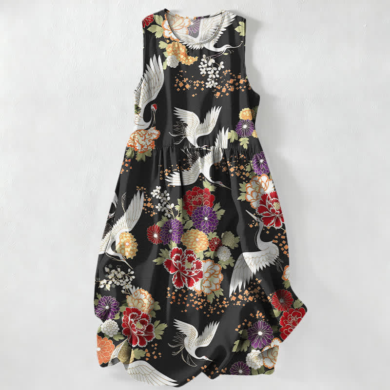 Nimara Ritual Summer Casual Vintage Crane Floral Pattern Women's Summer Sleeveless Midi Dress With Pockets