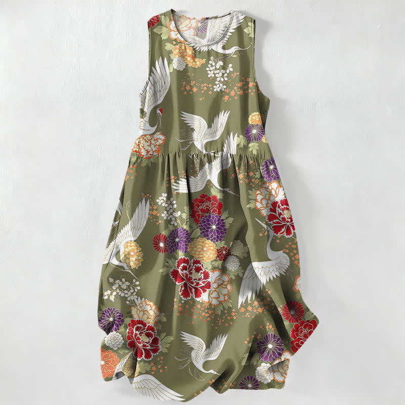 Nimara Ritual Summer Casual Vintage Crane Floral Pattern Women's Summer Sleeveless Midi Dress With Pockets