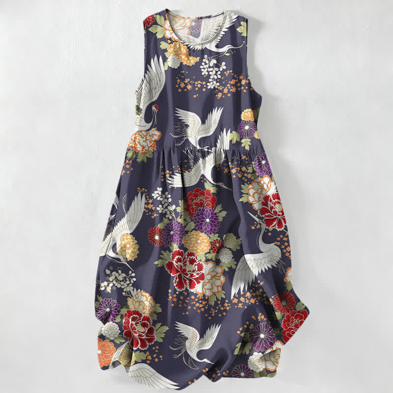 Nimara Ritual Summer Casual Vintage Crane Floral Pattern Women's Summer Sleeveless Midi Dress With Pockets